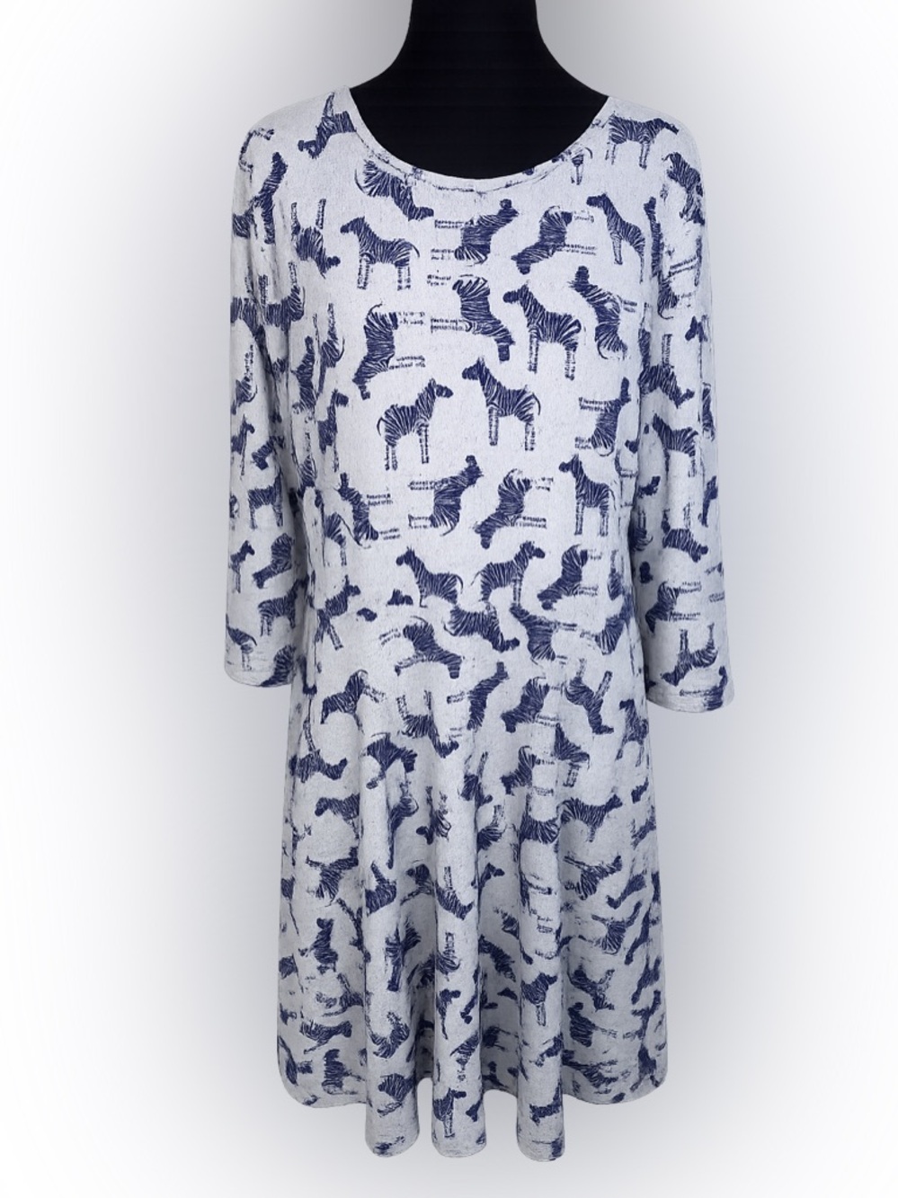 L.A. Soul Zebra Print Fit & Flare Dress Gray Navy 3/4 Sleeve Pockets Sz Medium